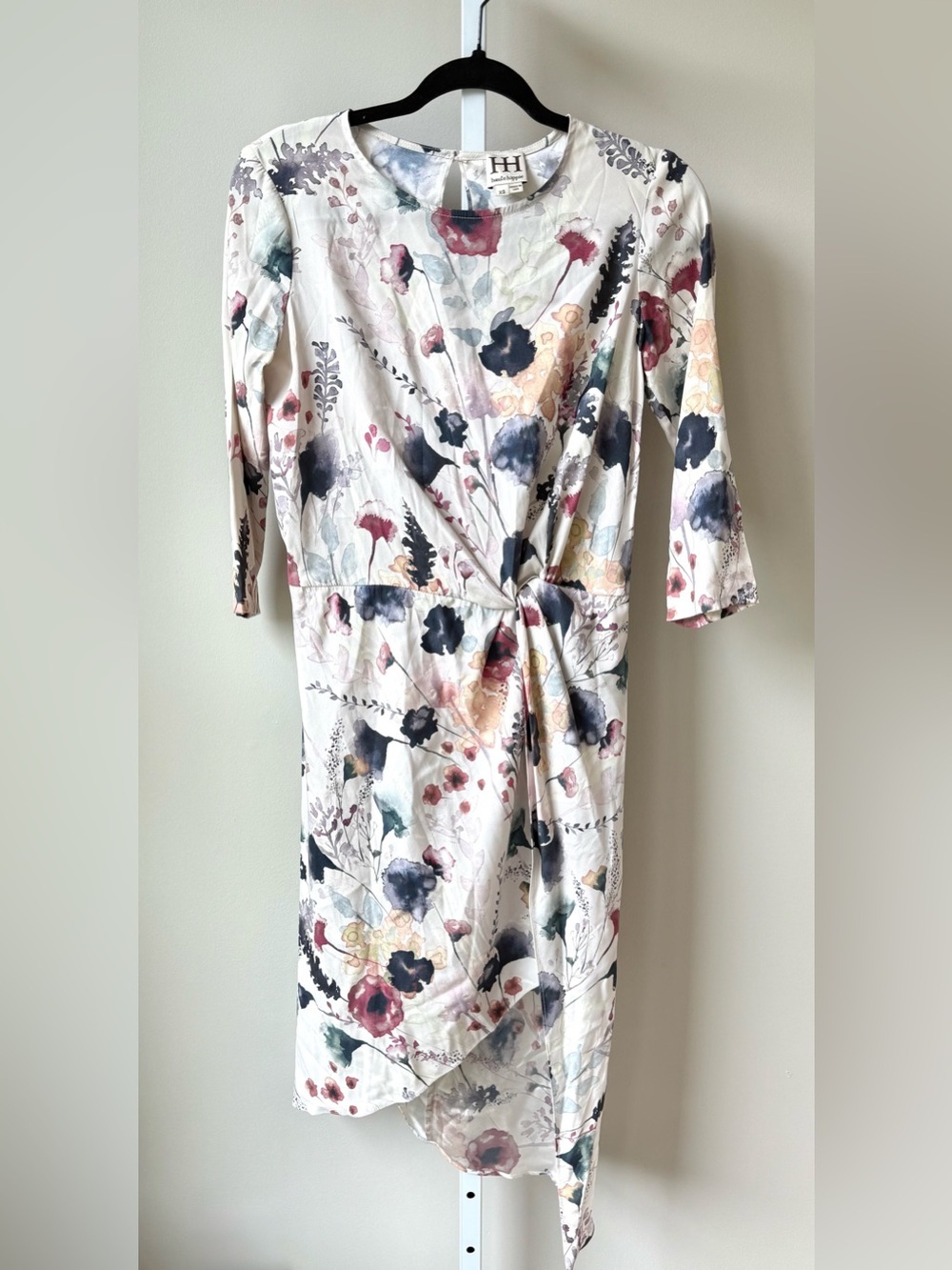 Haute Hippie Floral Asymmetrical Wrap Midi Dress Ivory Watercolor 3/4 Sleeve XS
